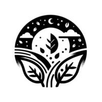 Monochrome nature emblem with stylized leaves, a crescent moon, and dotted sky elements, within a circular frame, evoking tranquility. vector
