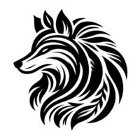A stylized black and white wolfs head , with flowing lines and leaflike elements, creating a modern and elegant emblem. vector