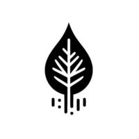 A minimalist monochrome depicting a stylized leaf, shaped like a teardrop, with internal veins and abstract elements below. vector