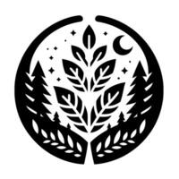 Serene Night Forest Silhouette A Circular Featuring Trees, Leaves, Crescent Moon, and Stars in a Modern, Minimalist Style. vector