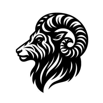 un sorprendentes negro y blanco ilustración de un carneros cabeza en perfil, exhibiendo intrincado, estilizado patrones. el imagen es negrita y , evocando un sentido de fuerza y determinación. vector