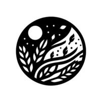 A minimalist, circular black and white depiction of a serene night scene, featuring a full moon, stars, stylized foliage, and flowing lines. vector
