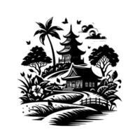 Serene Japanese Garden Black and White Silhouette of Pagoda, Bridge, Palm Tree, and Lush Foliage Under a Cloudy Sky, Captured in Style. vector
