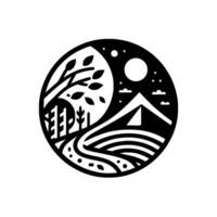 Serene Night Circle Silhouette scene with a tent, starry sky, and a winding path through the trees, invoking peaceful camping vibes. vector