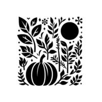 Minimalist Harvest A Black and White Illustration Featuring a Pumpkin, Leaves, and Celestial Elements, Creating a Harmonious Autumnal Composition on White. vector