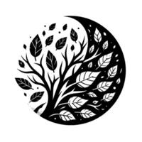 A Stylized YinYang Composition A black and white depiction of a tree within a circle, the right half a stark contrast, representing balance. vector
