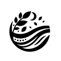 A minimalist black and white circular emblem depicting a stylized landscape with a tree, crescent moon, and wavy lines, suggesting nature and tranquility. vector