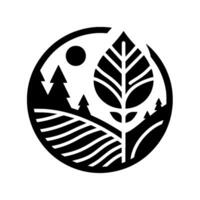 Stylized EcoFriendly Emblem Circular Composition with a Leaf, Trees, Fields, and a Sun, Reflecting Natures Harmony. vector