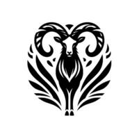 A bold, minimalist emblem of a ram in black and white, radiating strength and elegance, set within a circular evoking a sense of balance and protection, against a stark white backdrop. vector