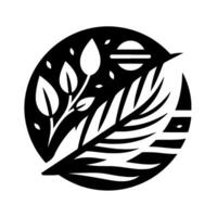 Elegant Silhouette A Stylized Circular Composition of Botanical Elements, Featuring Leaves, Ferns, and a Horizon, in Contrasting Black and White. vector