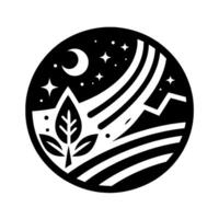 A circular minimalist illustration featuring a stylized leaf, mountains, stars, and a crescent moon, against a backdrop of night. vector