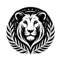 Striking black and white stylized lion head emblem, framed by a laurel wreath, embodying strength and royalty, with a simple, yet elegant composition. vector
