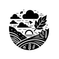 Monochromatic Circle Composition A stylized landscape featuring rolling hills, wheat fields, clouds, sun, and a large leaf, conveying natures beauty. vector