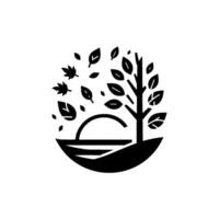 A stylized black and white depicting a tree with falling leaves inside a circle, suggesting natures transition. vector
