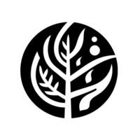 Abstract black and white featuring a stylized tree within a circle, leaves, and two small circles, on a white background. vector