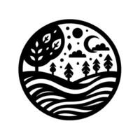 Black and White Circular Landscape Tree, Forest, Hills, Moon, Clouds, Day and Night in a Decorative . vector