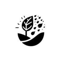 A stylized black and white circular depicts a tree sprouting from earth, with rain falling, representing growth. vector