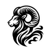A stylized, monochrome illustration of a rams head in profile, showcasing intricate details and symbolic imagery of strength and resilience. vector
