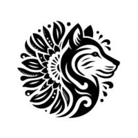 Intricate Black and White Tribal Wolf Portrait with Floral Embellishments within a Circular Mandalalike on White Background. vector