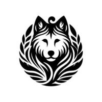 Intricate Black and White Emblem of a Wolfs Head Surrounded by Laurel Wreath, Symbolic of Strength, Courage, and Unity. vector