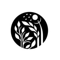 Silhouette of botanic forms within a black circle, featuring leaves, a moon, and flowing lines against a white background. vector
