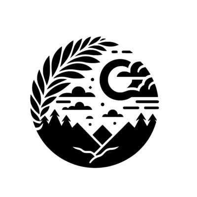 A stylized circular depicting a serene mountain landscape at night with a crescent moon, clouds, stars, foliage, and minimalist silhouettes in black and white.