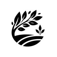 A stylized, minimalist depicting a curved tree branch with leaves, emerging from a field, complemented by a small, threeleaf sprout, all within a circular shape. vector