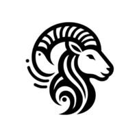 Monochromatic, geometric ram emblem, profile view showcasing horns, head and stylized fur, presented on a stark white background. vector