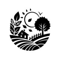 Stylized Black White Rural Scene with a House, Tree, Fields, Fence, Sun, Leaves, and a Bird in a Circular Composition. vector