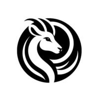 Stylized black and white featuring a goats head and horns within a circular, abstract, and minimalist on a white background. vector