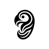 A bold black and white minimalist of a parrot head, featuring curved lines and a single eye, set against a plain white backdrop, showcasing a modern, abstract aesthetic. vector