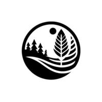 Black and White Minimalist Round Featuring Trees, Leaves, Sun, and Rolling Hills in a NatureInspired Landscape. vector