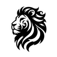 A stylized black and white lion head in profile, featuring intricate swirling patterns within the mane, against a clean white background. vector