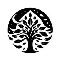 A stylized, silhouetted tree within a circular frame depicting a night sky with a crescent moon, leaves, and stars. vector