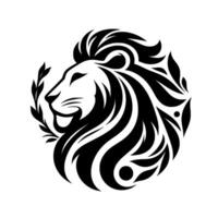 A stylized, minimalist lion head , rendered in black and white, featuring flowing lines, decorative elements, and a laurel branch, exuding strength. vector