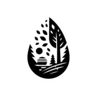 Black and white minimalist landscape , a stylized forest scene, showcasing a tree, lake, sun, leaves, and a teardrop shape on a white background. vector