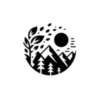 Minimalist Black White Nature Scene Mountains, Trees, Sun, and Leaves in a Circular Frame. vector