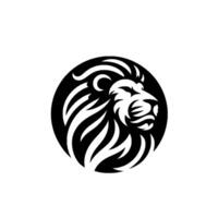 A stylized, circular lion emblem with striking black and white contrast, showcasing a fierce profile against a clean, minimalist background. vector