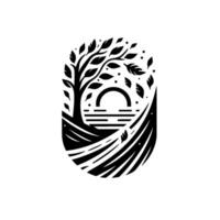 Minimalist Black and White Illustration A Stylized Landscape with a Tree, Water, and Horizon Within an Oval Frame. vector