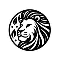 Intricate Black and White Lion Crest A Regal Portrait in a Circular Frame, Embellished with Floral Motifs, Exuding Strength. vector