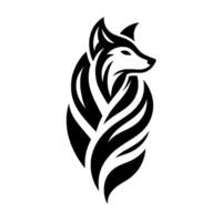 Elegant black and white wolf , showcasing a stylized silhouette of a wolf head incorporated into a layered, organic form resembling a leaf, embodying minimalism. vector