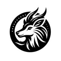 Stylized Black and White Deer Head Within Circle, Minimalist , Features Antlers, Facial Detail, and Decorative Elements. vector