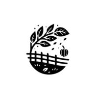 Minimalist Monochrome Autumnal Farm Scene Silhouette of a Tree and Pumpkin Behind a Fence, Capturing Falls Essence. vector