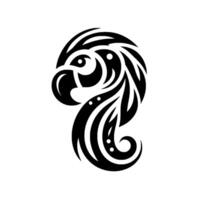 Black and white tribal parrot head , showcasing intricate patterns and flowing lines, against a stark white backdrop. vector