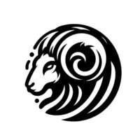 A stylized, monochromatic featuring a rams head within a circular frame of black and white, evoking strength and wildness. vector