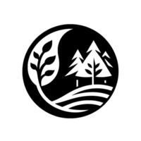 Monochrome emblem featuring stylized leaf and trees within a circle, evoking natures symbiosis, perfect for a brand or . vector