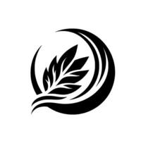 Abstract monochrome emblem featuring stylized leaf arrangement enclosed within a crescent and a flowing circular shape, symbolizing growth and nature. vector
