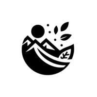 Minimalist monochrome nature featuring mountains, sun, leaves and flowing lines, symbolizing growth, and harmony within a rounded shape. vector