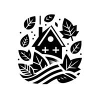Black and white stylized illustration of a house surrounded by leaves, incorporating a minimalist aesthetic and embodying a sense of tranquility and nature. vector