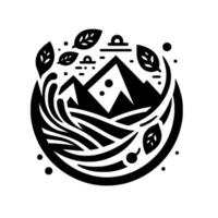 Monochromatic Nature Mountains, flowing water, leaves, and celestial elements within a circular frame. vector